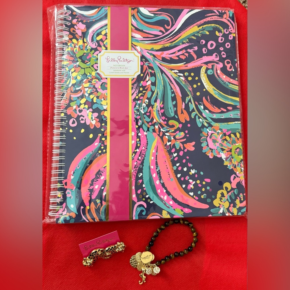 Lilly Pulitzer, notebook, earrings, tiger eye bracelet. all brand new.